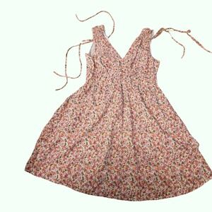 Pink Ditsy Floral V-Neck Mini Dress with Shoulder Ties and Smocked Waist